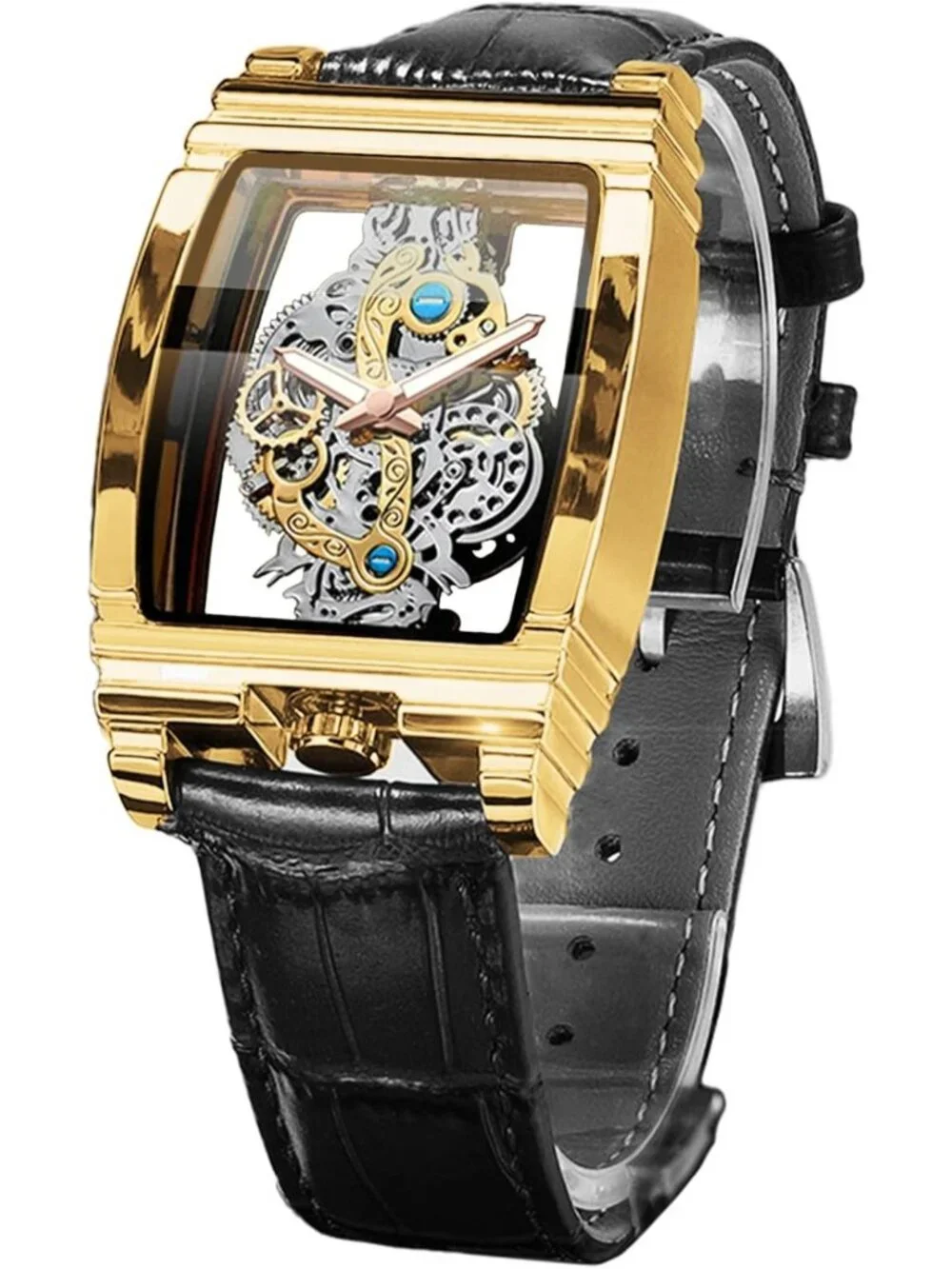 Luxury Hollow Skeleton Watch - Retro Gear Design, Large Dial, Leather & Steel